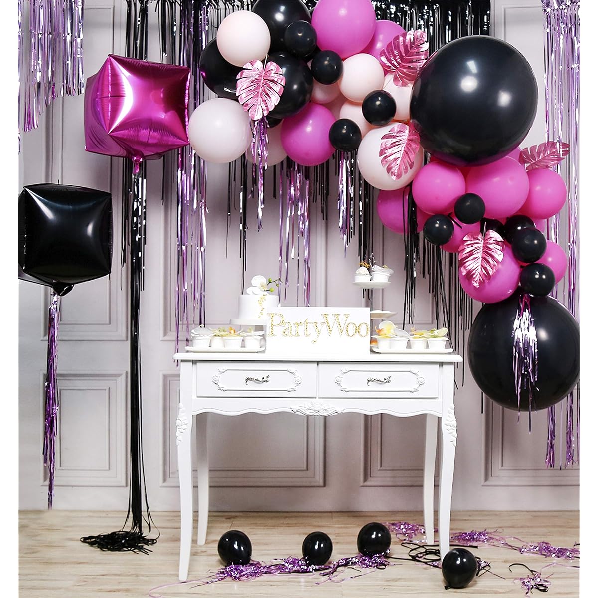 PartyWoo Hot Pink Balloons, Black Balloon Pack, Hot Pink Balloons, Pastel Pink Balloons, 4D Foil Balloons with Foil Fringe Curtains and Leaves for Pink and Black Party