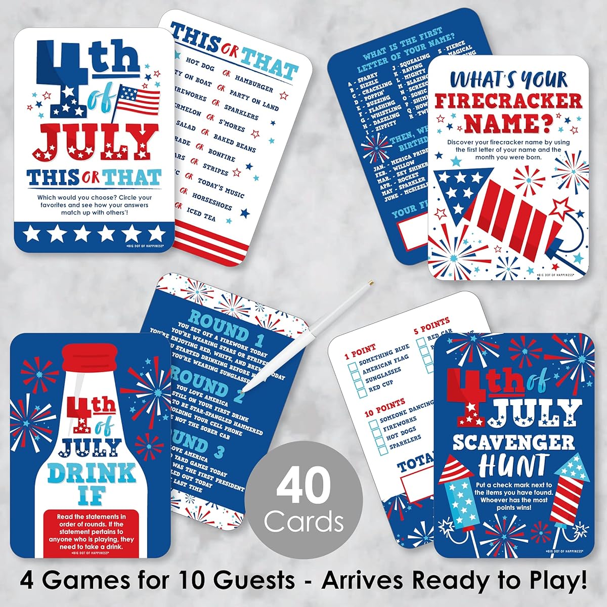 Big Dot of Happiness Firecrackers 4th of July - Red White Royal Blue Party Game - 10 Cards Each - Gamerific Bundle