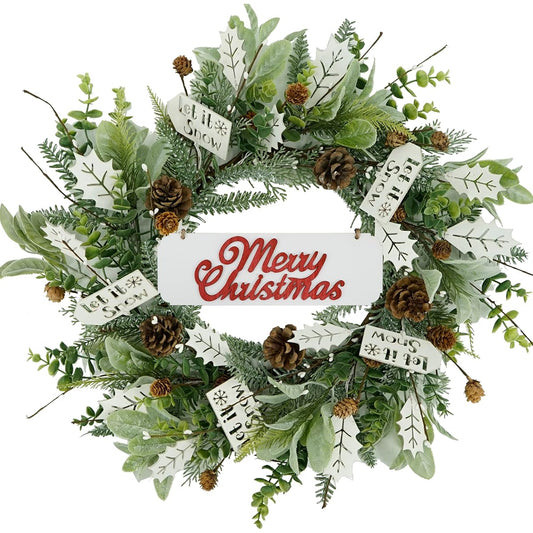 WreathDream 20" Artificial Christmas Wreath, Winter Wreath, Front Door Wreath, White Wood Holly Leaves, Lamb's Ear Leaves, Front Door/Farmhouse/Indoor/Outdoor/Holiday/Home Decor