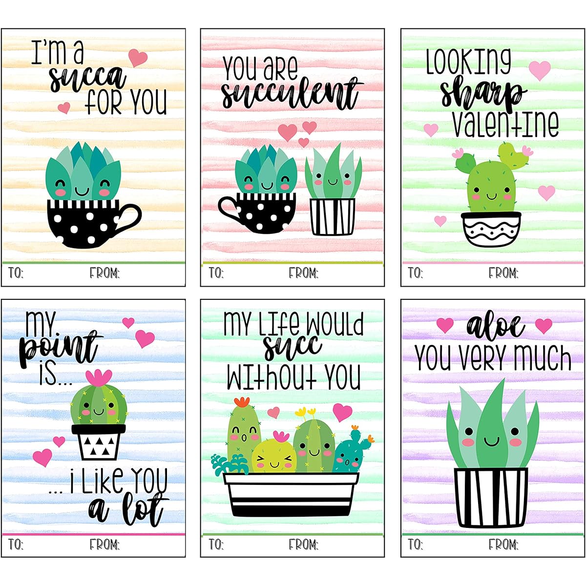 Funny succulent and cactus themed Valentine's Day card set of 24 Valentine's