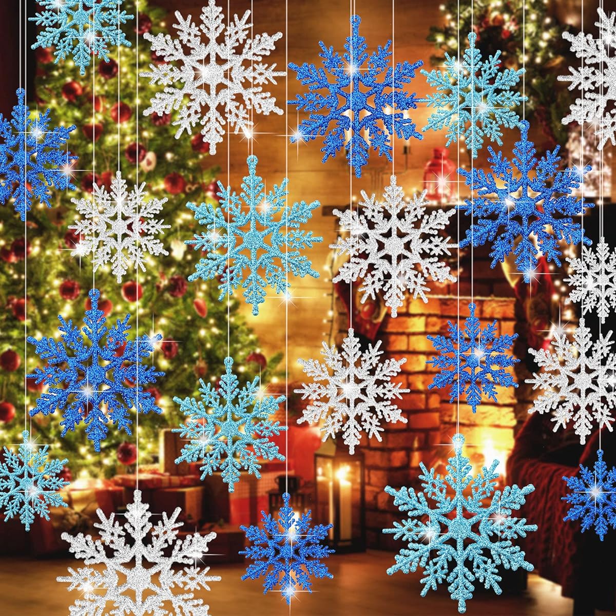 Whaline 45pcs Winter Snowflake Ornaments Glitter Blue Silver Snowflake Hanging Pendants Christmas Tree Decorations with String for Winter Party Wonderland Holiday Wedding Birthday Decorations