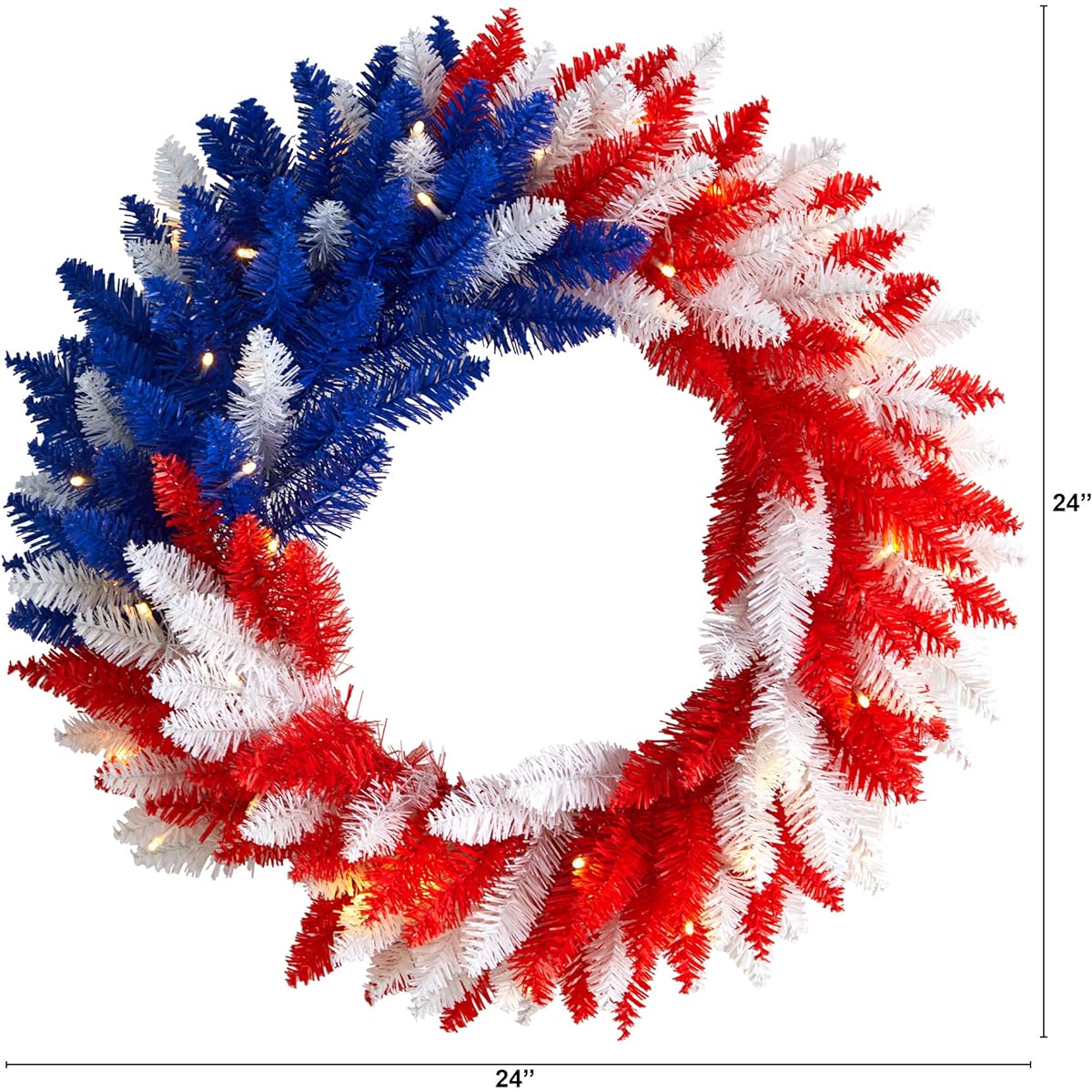 Nearly Natural 24" Faux Patriotic Red White Blue Americana Wreath with 35 Warm LED Lights