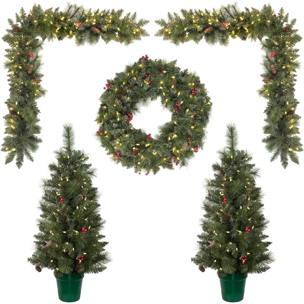 Vickerman 5 Piece Entryway Artificial Christmas Set, Warm White LED Lights, Set of 5