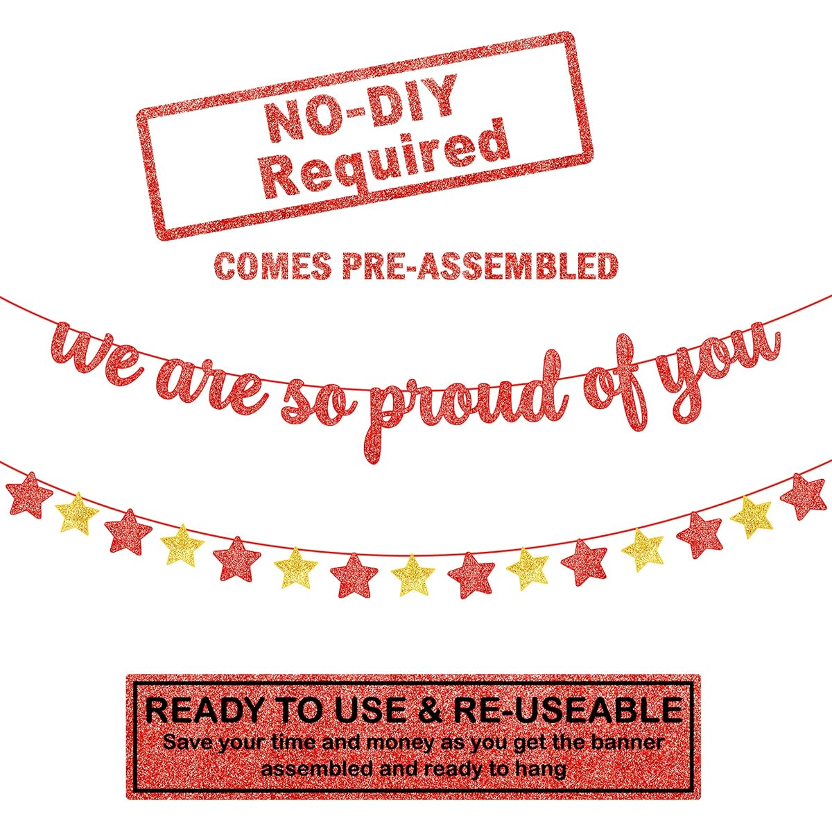 We Are So Proud Of You Banner Glitter - Large 10ft with Star Garland | Graduation Banner Red and Gold Graduation Party Decorations | Congratulations Decorations | Red Graduation Decorations 2022