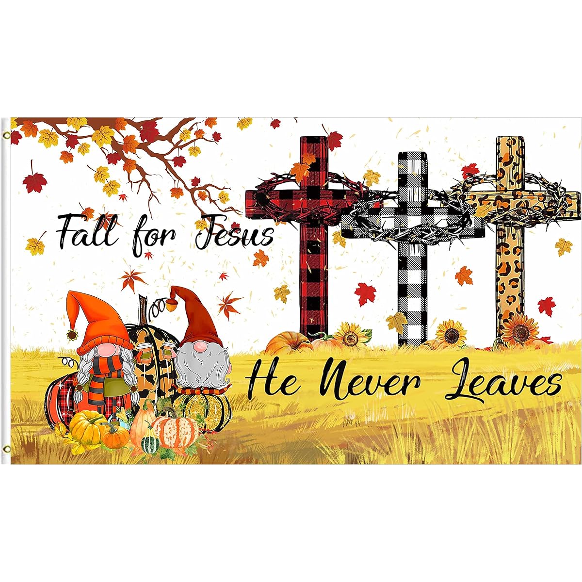 FLCHWY Fall for Jesus He Never Leaves Flag 3x5ft Summer Fall Harvest Gnome Pumpkin Maple Leaf Fall Flag Holiday Party Canvas Header Polyester Outdoor Decor with Brass Grommets