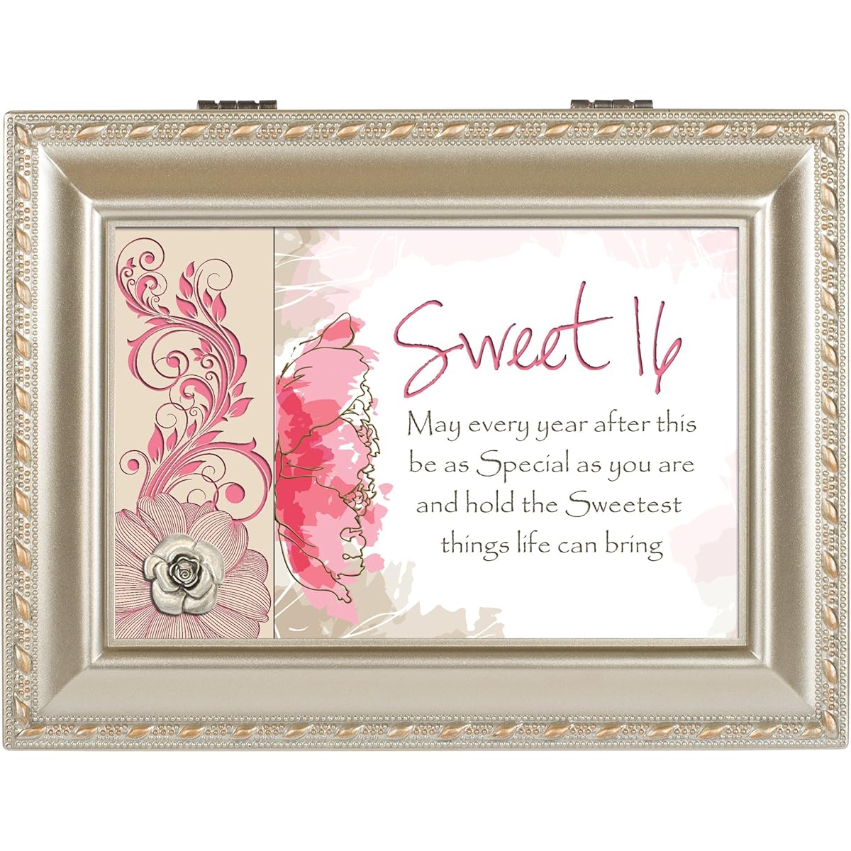 Sweet Sixteen Pink Floral Champagne Silver Finish Music Jewelry Box Plays You Light Up My Life