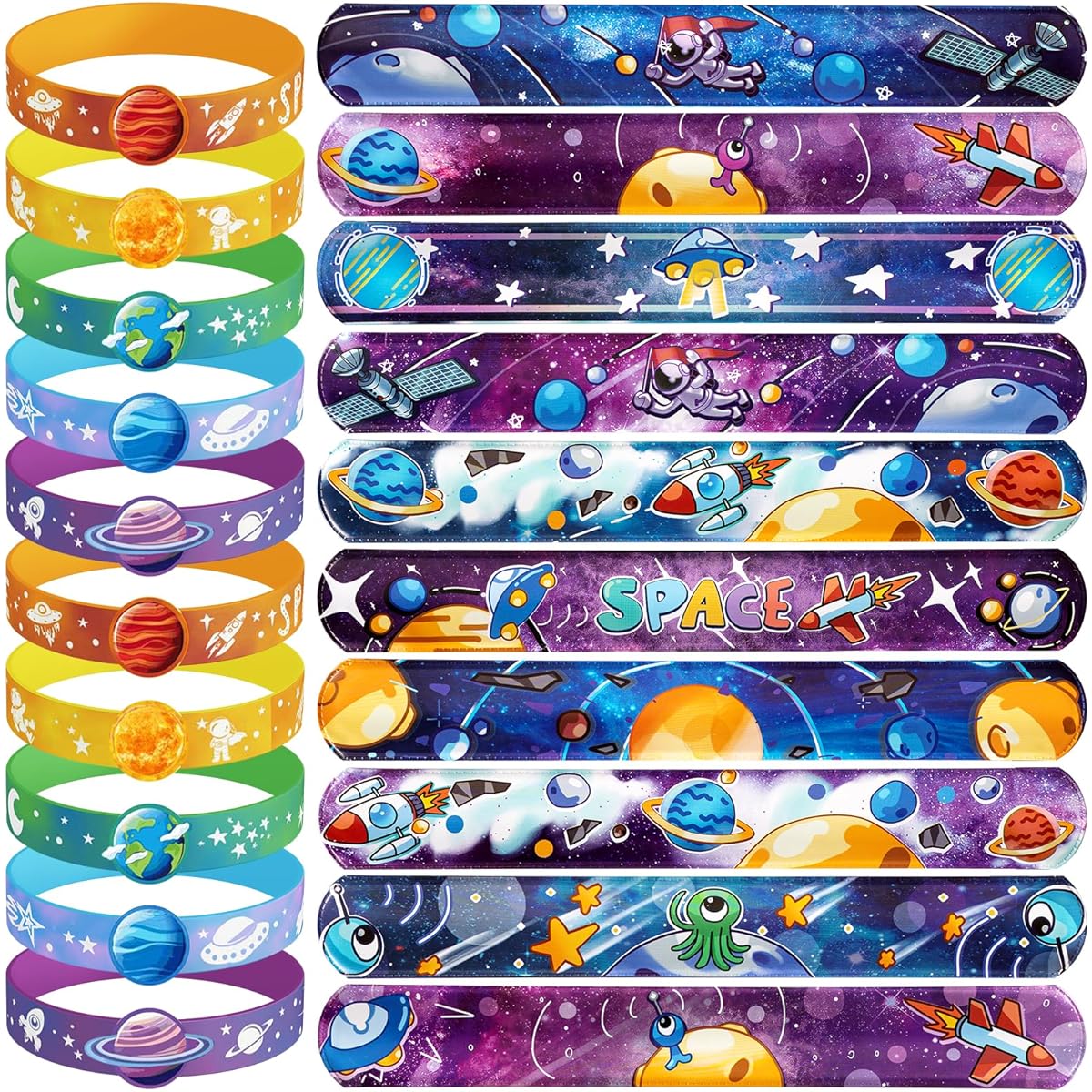 DMIGHT Space Party Favors, 30pcs Space Themed Birthday Decorations, 10pcs Silicone Bracelets, 20pcs Slap Bracelets, Astronaut Birthday Gifts for Kids