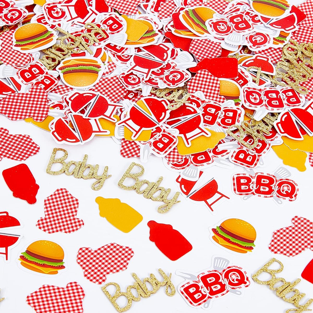 BBQ Baby Shower Decorations 200 Pieces Baby Q Confetti for Table Red and Yellow Summer BBQ Table Decor Confetti Baby BBQ Hamburger Baby BBQ Party Decorations Supplies Baby Shower Gender Reveal Outdoor Indoor