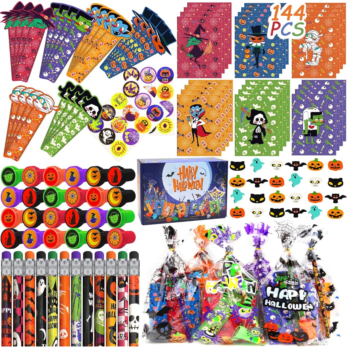 SURCVIO 168 Pieces Halloween Party Favors Stationery Set for Kids Halloween Goody Bag Fillers Pencils, Erasers, Rulers, Notepads, Stamps, Stickers, Halloween Gift Kit Trick or Treat
