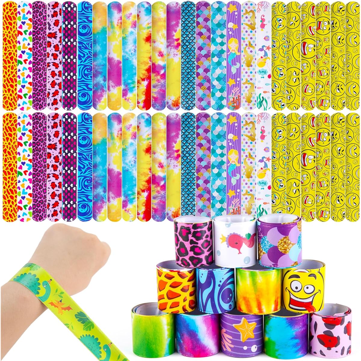 AMOR PRESENT Slap Bracelets Bulk 48 pcs Snap Bracelets for Kids Tie Dye Wristbands Mermaid Sports Party Favors Carnival Giveaways Goodie Bags Groove Party