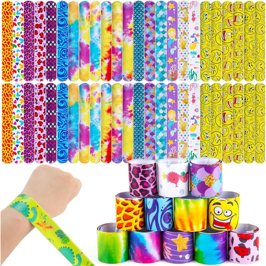AMOR PRESENT Slap Bracelets Bulk 48 pcs Snap Bracelets for Kids Tie Dye Wristbands Mermaid Sports Party Favors Carnival Giveaways Goodie Bags Groove Party