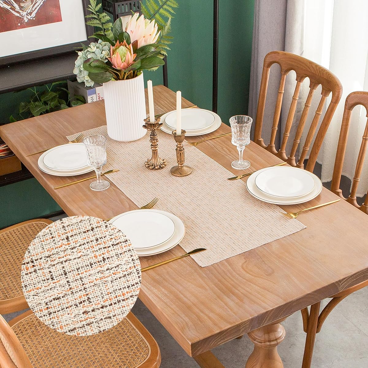 mylacerhome Farmhouse Rustic Table Runner Small Beige Boho Table Runner 36" Length Burlap Linen Style Woven Runner Kitchen Dining Home Decor 13x36"