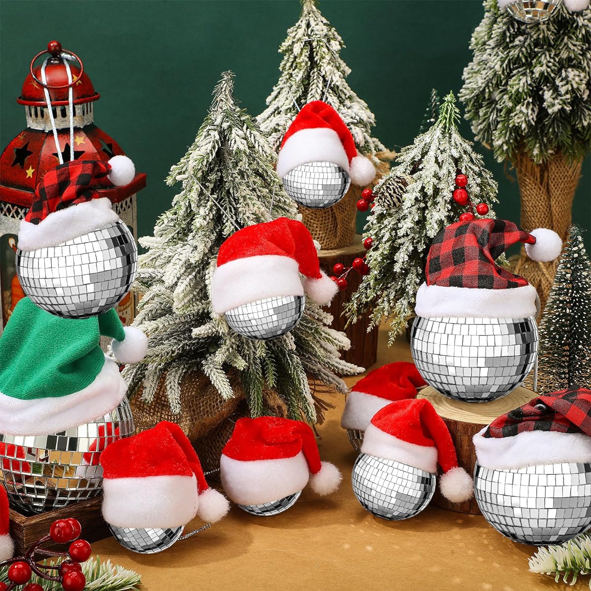 Poen 35pcs Christmas Mirror Disco Ball Set, Reflective Mini Disco Balls with Hats and Rope Decorations, 70s Disco Theme Party Decorations for Christmas/Wedding/Family Party (2", 3", 4")