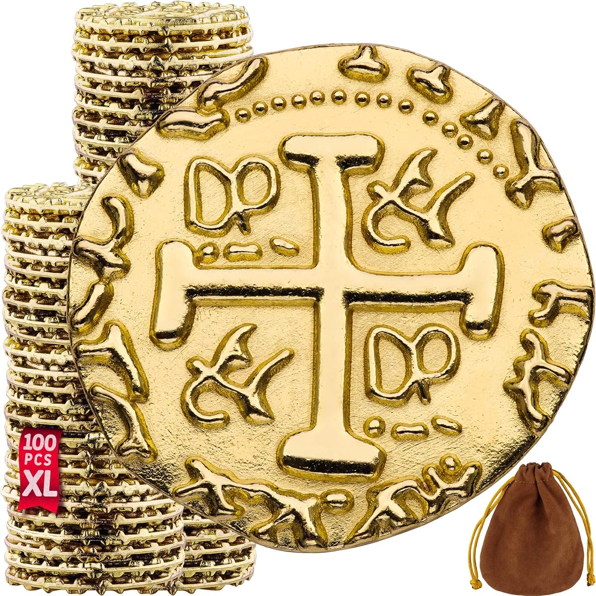 Premium Metal Pirate Coins - 100 X Large Pirate Gold Coins, Fake Gold Coins for Kids, DND Coins, Metal Coins, Fantasy Coins, Tokens - Diameter: 1.2"