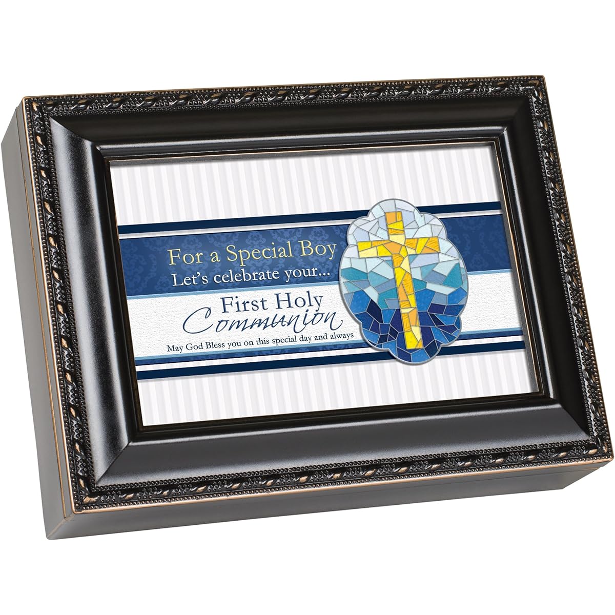 First Communion Boy Cottage Garden Black Matte Finish Musical Jewelry Box - Plays Song of Hallelujah by Handel