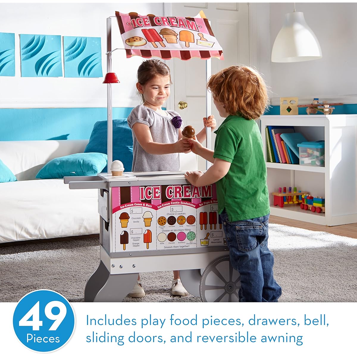 Melissa & Doug Wooden Snacks and Sweets Food Cart - 40+ Play Food PCs, Reversible Awning