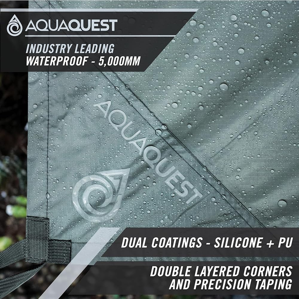 AQUAQUEST GUIDE Waterproof Camping Tarp - Ultralight Bivi Shelter or Rainfly - Essential Camping Gear for Hiking, Hammock and Survival, 3 x 3 m Gray