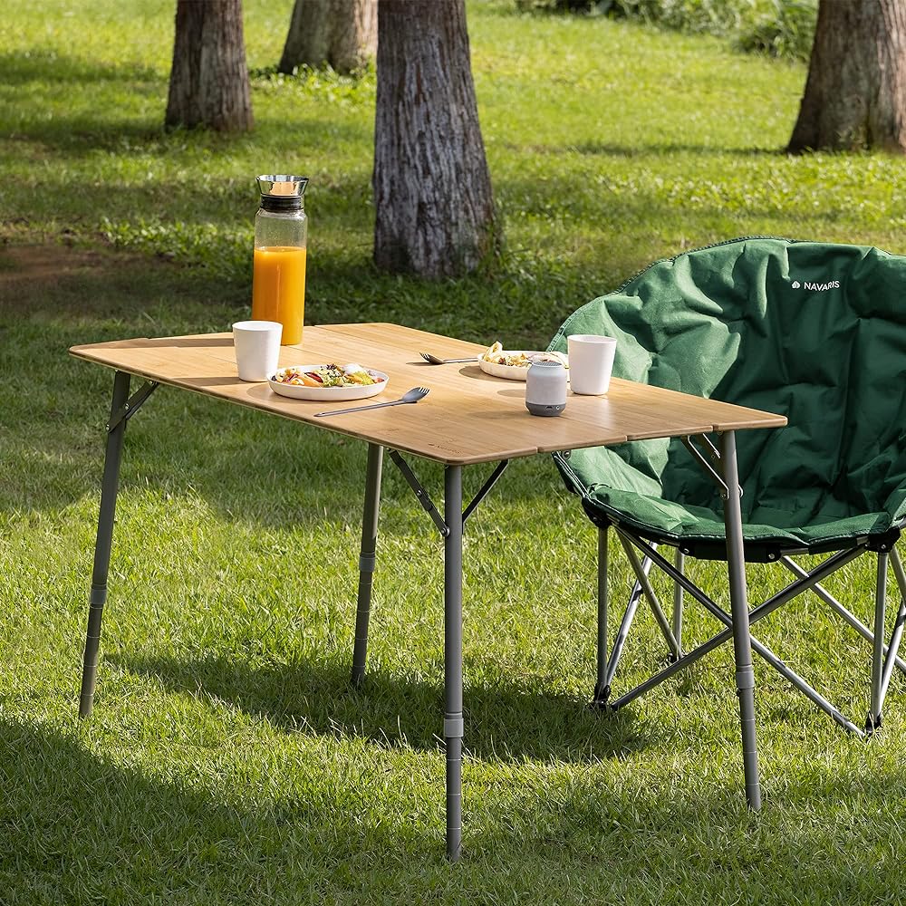 Navaris Camping Table Folding Table Folding Table Outdoor Table - Camping Outdoor Load Capacity 50kg Height Adjustment Folding - Made of Bamboo