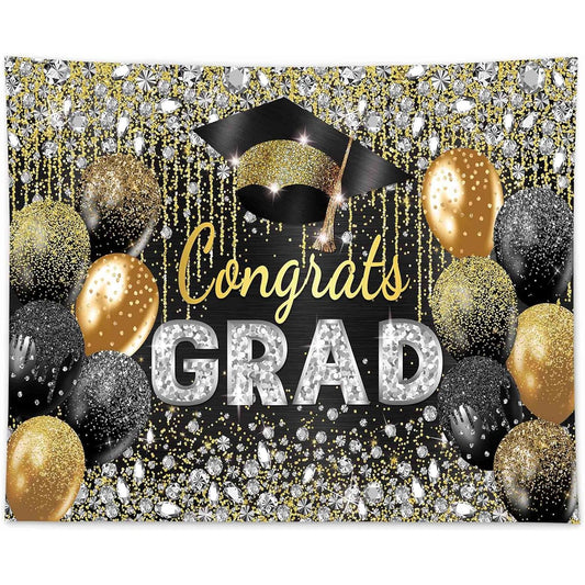 Allenjoy 118" x 95" Black and Gold Graduation Backdrop for Girls Boys Photo Masters Congratulations Graduation Class of 2023 Prom Party Supplies Decorations Photo Props Keepsake Banner Backdrop