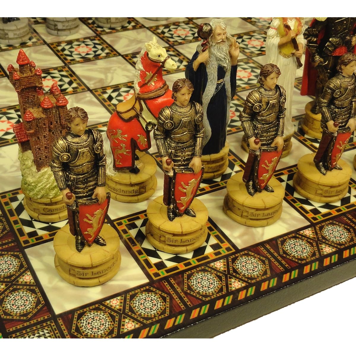 Medieval Times King Arthur / Lancelot Camelot Knights Chess Men Set W/ 15" High Gloss Dark Walnut & Birdseye Maple Color