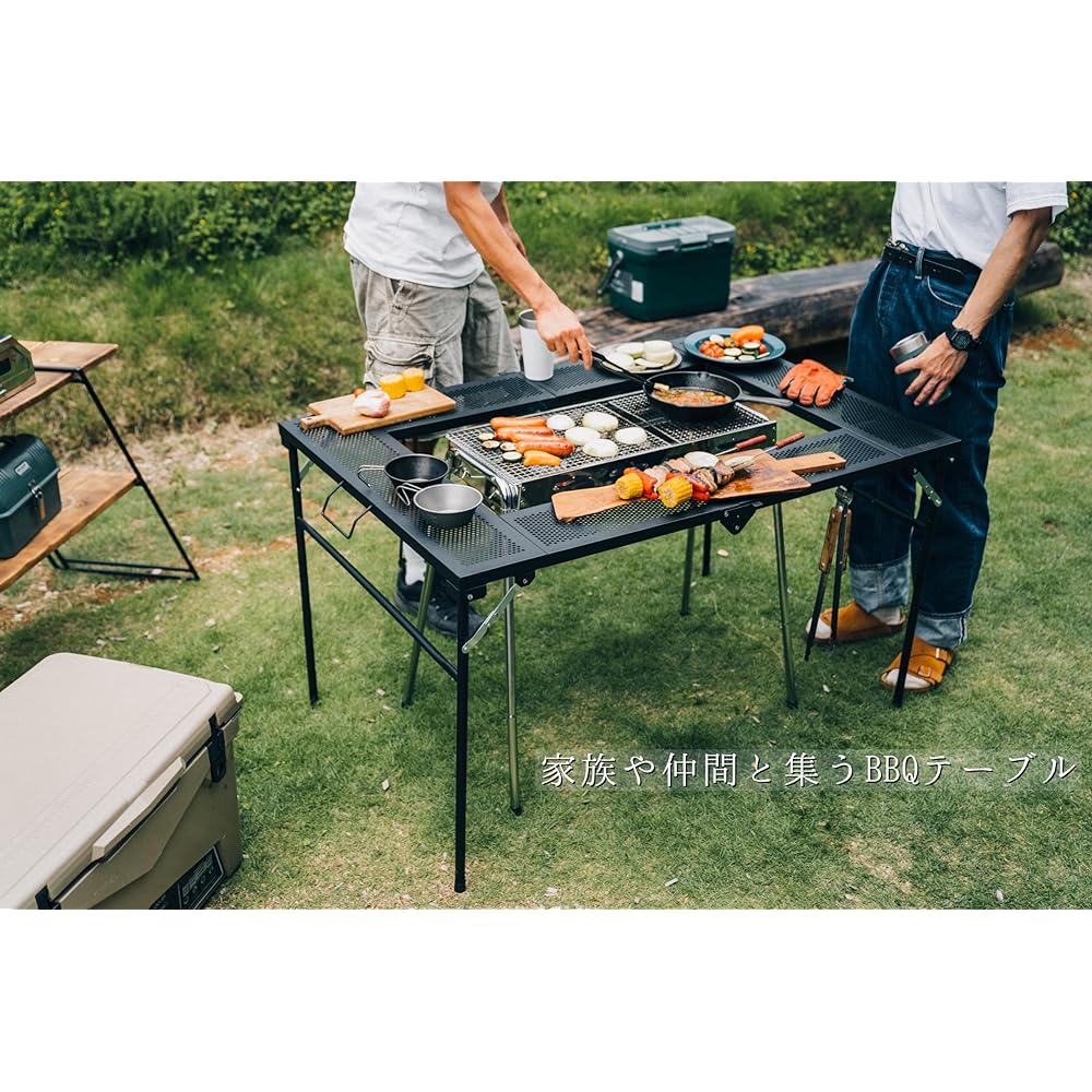 Onoe Seisakusho (ONOE) BBQ Table T-4683 Compatible with large BBQ stoves You can place dishes, etc. around the stove Can be folded and stored compactly Legs can be stored in the main unit Comes with 2 types of stoppers Can cook standing/sitting 2 height
