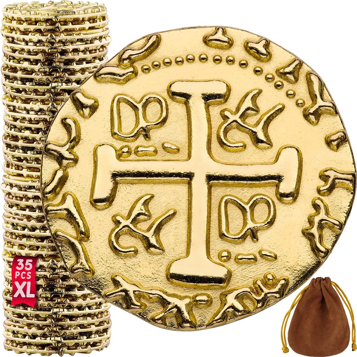 Metal Pirate Coins - 35 X Large Gold Treasure Coins Set Metal Replica Spanish Doubloons Board Game Tokens Toys Cosplay - Realistic Money Imitation Pirate Treasure Chest - Diameter: 1.2 Inch