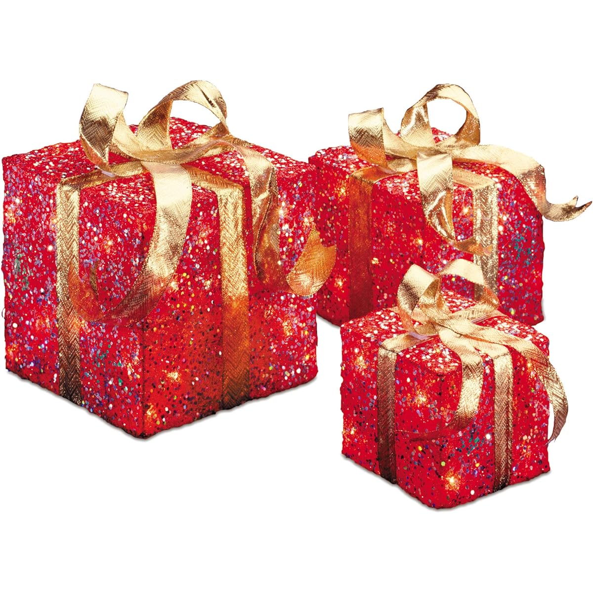 National Tree Assorted Red Sisal Gift Boxes with Gold Bow, Clear Lights, Set of 3 (MZGB-ASST-2L-1) by National Tree Company