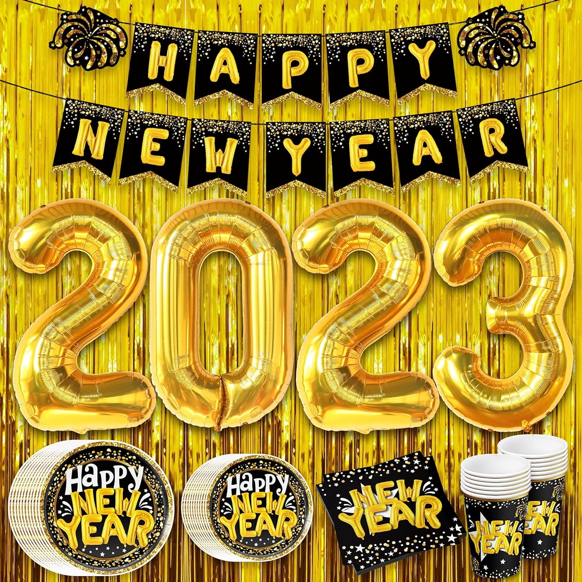 Big New Year's Eve Party Supplies 2023 - 108 Pack No DIY | Happy New Year Banner with Gold Foil Fringe 2023 Balloons | New Year Party Supplies Paper Plates Cups Napkins for Night Decorations