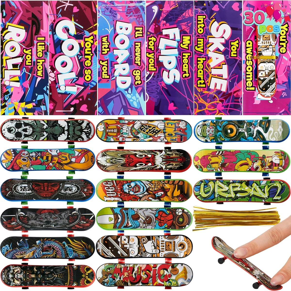 JOYIN Valentine's Day Mini Finger Skateboard with Cards, Classroom Exchange Gift, Toys for Kids, Party Favors, Classroom and Holiday Rewards, Pack of 30