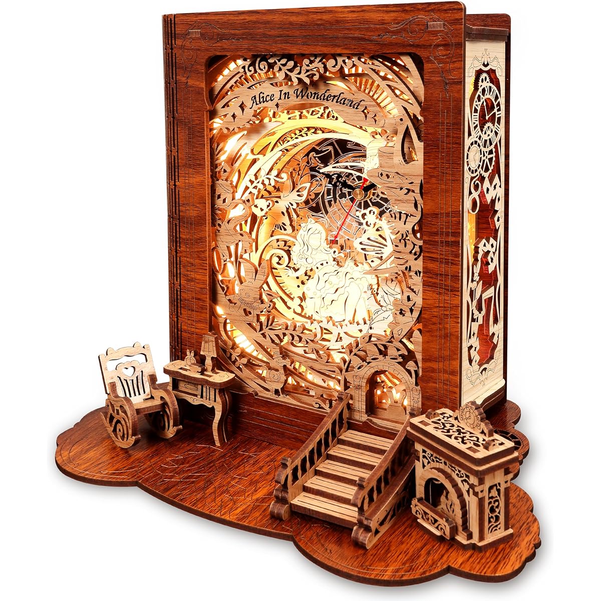 FUNPOLA Alice in Wonderland LED 3D Puzzle Night Light - DIY Book Lamp with Clock - 3D Wooden Puzzle Night Light Home Decor for Kids and Adults, BL-ALC02, Alice - Time Travel