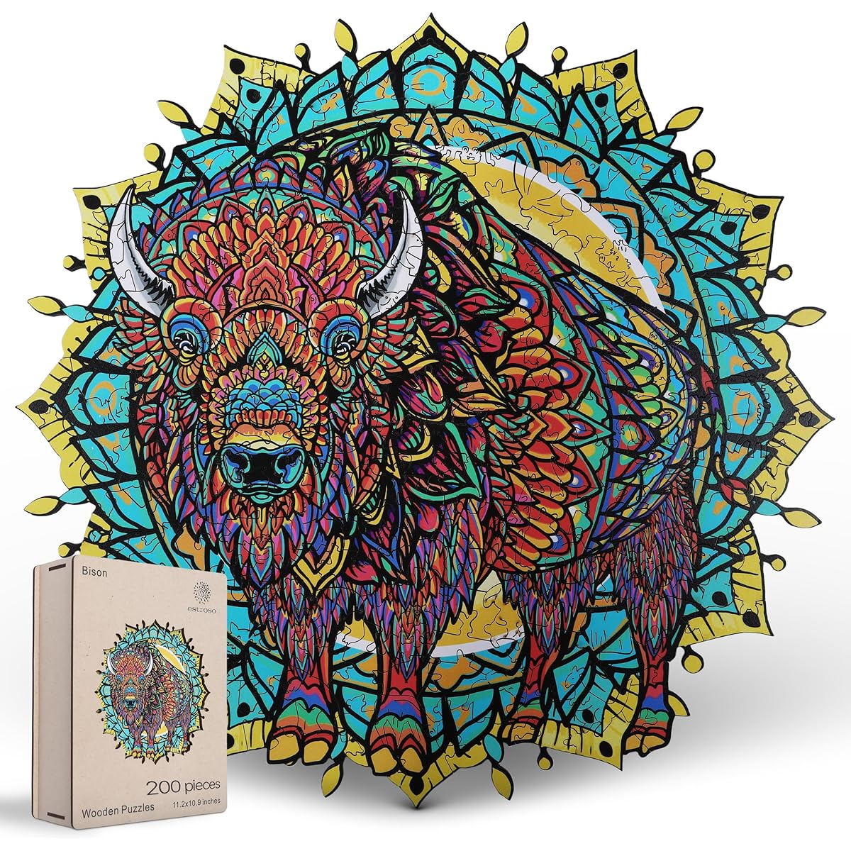Estroso Wooden Puzzle for Adults 200 Piece Wooden Jigsaw Puzzle with Sticky Mat & Pad Bison Unique Puzzle with Box 11.2x10.9 Inch