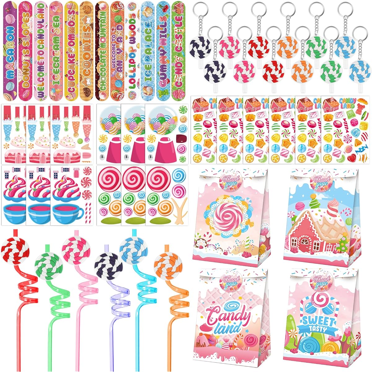 Candyland Party Favors 72pcs Candy Themed Keychains, Slap Bracelets, DIY Stickers, Tattoo Stickers, Straws, Good Treats, Candy Bags for Kids Girls Birthday Party