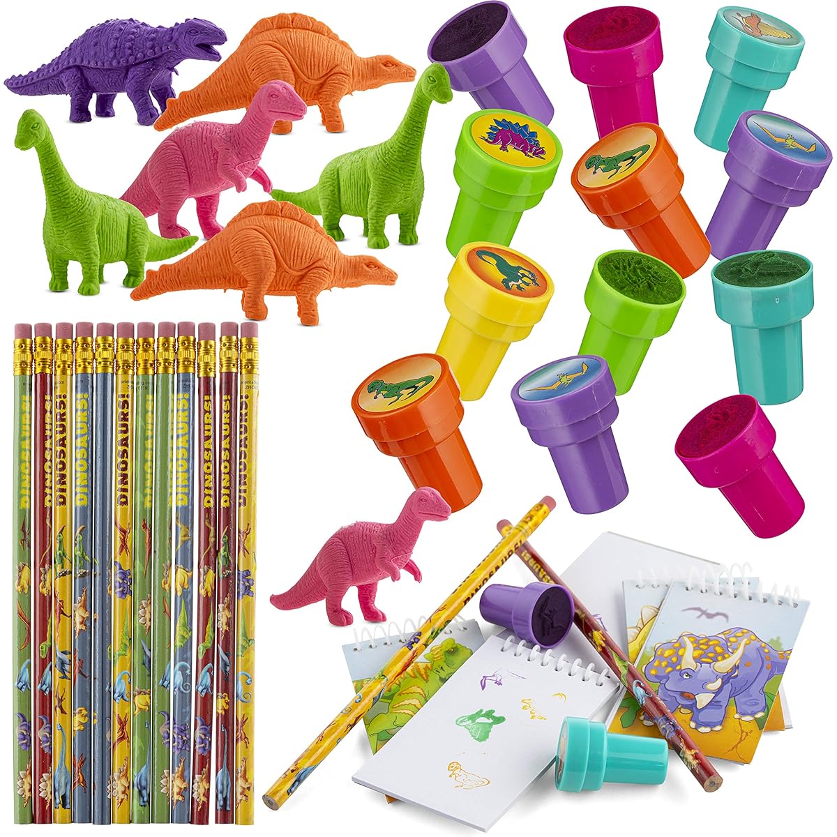 FAVONIR Dinosaur Party Favors 60 Gift Set - Dinosaur Stamps - Dinosaur Themed Notebook - Mini Realistic Looking Dinosaur Eraser Figures - Dinosaur Printed Pencils - Stickers (24 Pack)