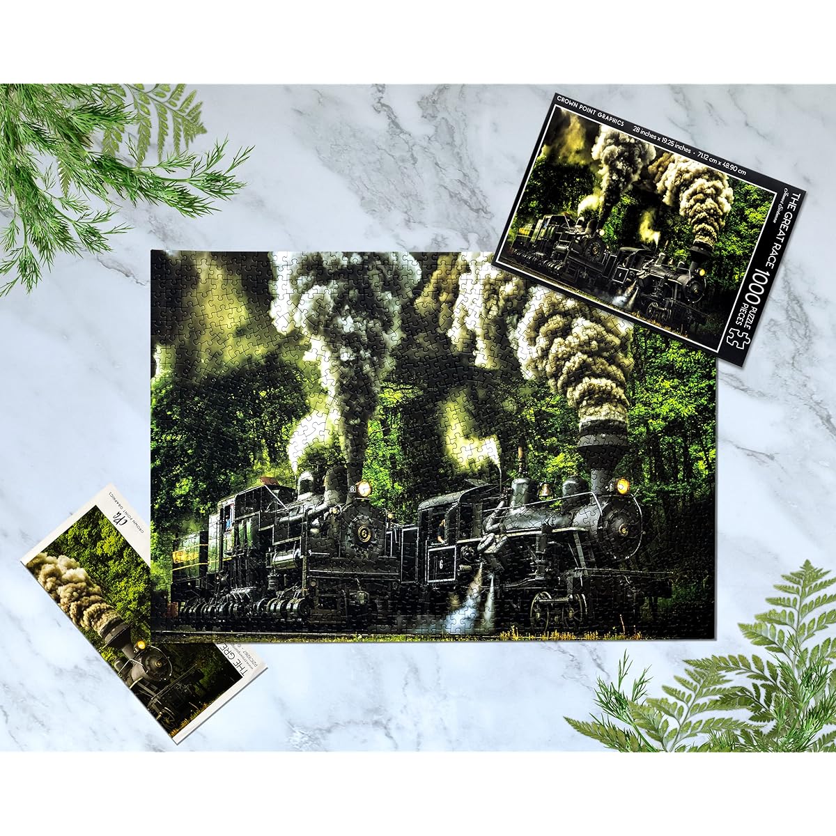 Crown Point Graphics The Great Race - 1000 Piece Jigsaw Puzzle - Artist James Aickman - Soft Touch Design - Train Puzzle Featuring Two Racing Trains, Train Tracks and Trees