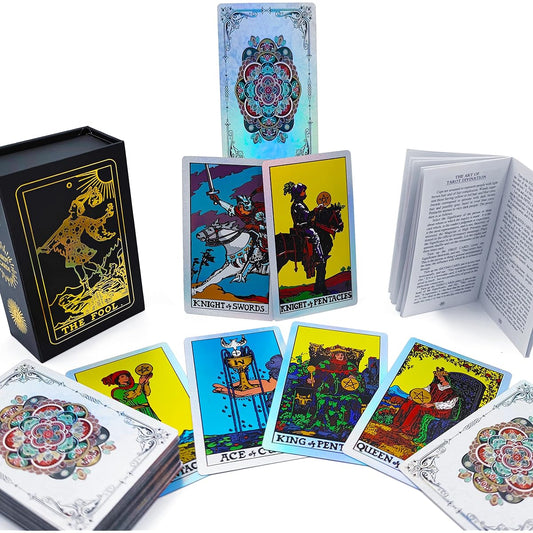 Tarot Card Guidebook Card Deck for Beginners PVC Waterproof Gold Leaf Fortune Telling Tool (Silver Flower 01)