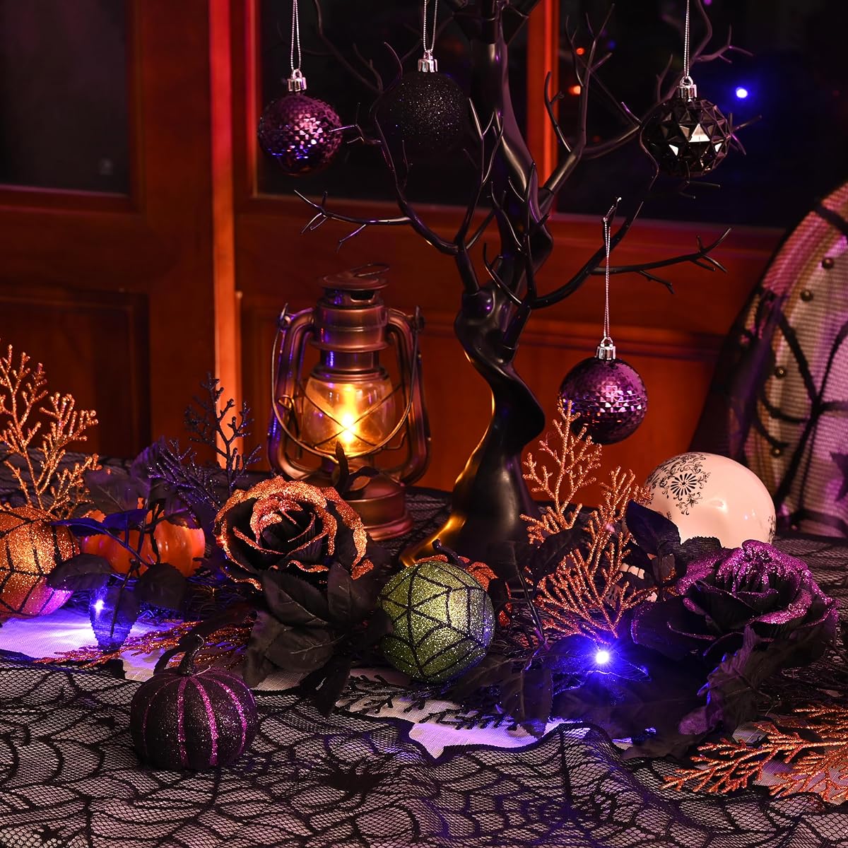 Valery Madelyn 6ft Lighted Happy Halloween Garland Artificial Rose Ball Ornament with LED Lights Front Door Indoor Halloween Party Decoration
