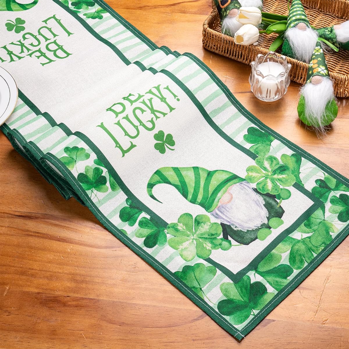 RUSPEPA Table Runner Shamrock and Green Gnome Linen Table Runner for St. Patrick's Day Use Kitchen Dining Decor Party Table 13 x 72 Inch Green Gnome