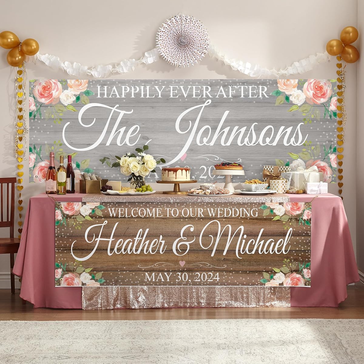 Let's Make Memories Rustic Floral Celebration Banner with Name - Rustic Farmhouse Style - Indoor/Outdoor - 6 Foot Gray Customized Banner