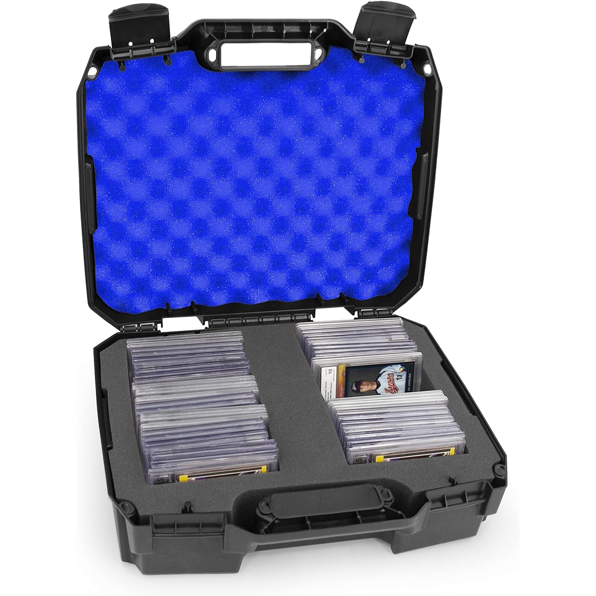 CASEMATIX Grading Card Storage Box - Over 60 BGS PSA Graded Sports Cards with Shockproof Graded Card Case Foam - Blue Interior