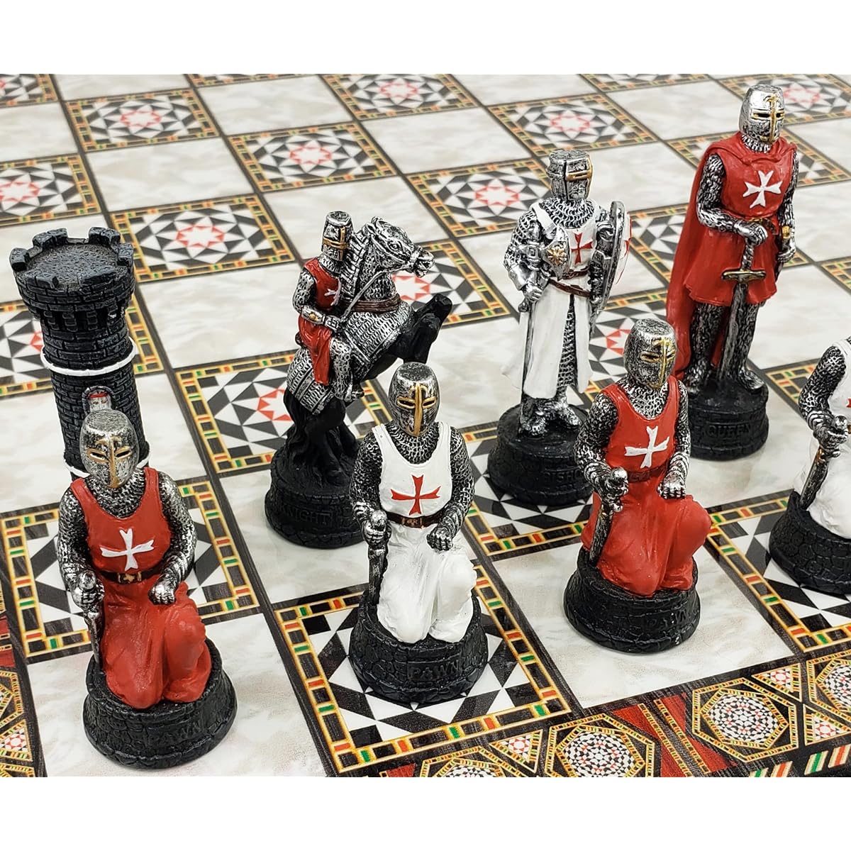 Medieval Era Crusader Warrior Chess Set Red and White Maltese Cross with 17" Mosaic Design Board