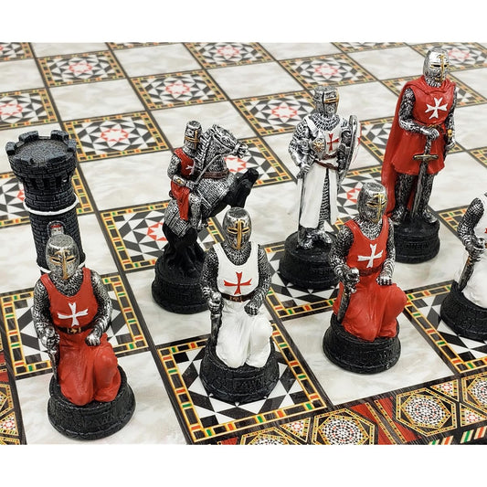 Medieval Era Crusader Warrior Chess Set Red and White Maltese Cross with 17" Mosaic Design Board