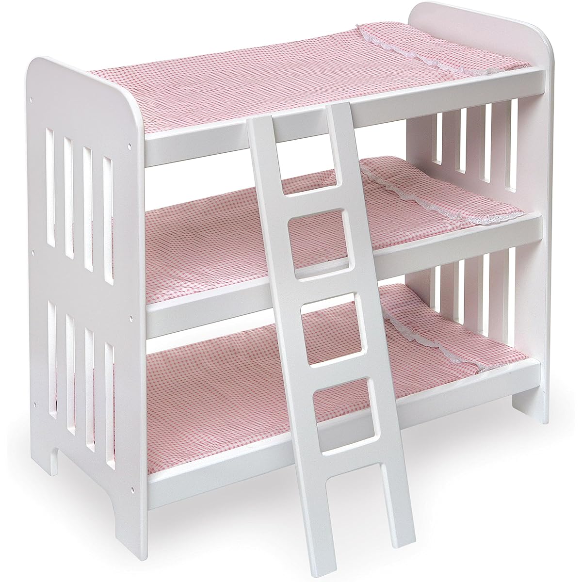 Badger Basket Toy Doll Triple Doll Bunk Bed with Ladder, Bedding and Personalization Kit for 20" Dolls - Pink Gingham