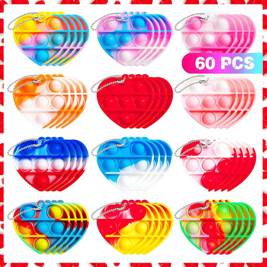 60pcs Heart Shape Pop Set Pop Fidget Toy Push Pop Bubble Fidget Sensory Toy Pop It Fingertip Keychain Decompression Bubbles Valentine's Day Gifts Toys for Kids Holiday Gifts