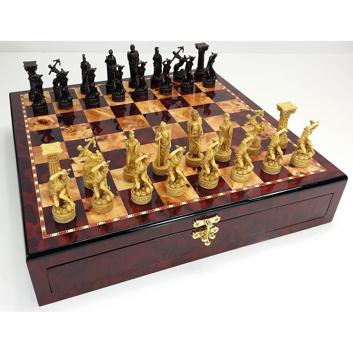 Greek Roman Mythology Gods Chess Set W/ High Gloss Cherry & Burlwood Color Storage Board 17"
