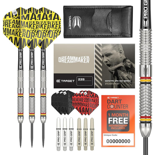 Target Darts Dimitri Van den Bergh Dimi 24G Tungsten Steel Tip Darts Set - 9 Pro Grip Shafts - 9 Pro Ultra Flights - Dart Wallet - Dart Counter App Coupon Bundle