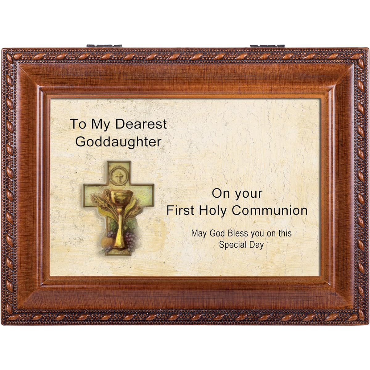 Cottage Garden First Communion Church Girl "Light Up My Life" Music Box/Jewelry Box Wood Grain