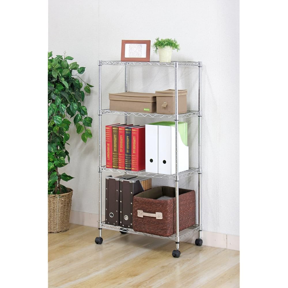 Fuji Boeki 91786 Metal Rack 4 Tiers Width 60 x Depth 35 x Height 122.5cm Chrome Steel Rack Pole Diameter 19mm Casters Included