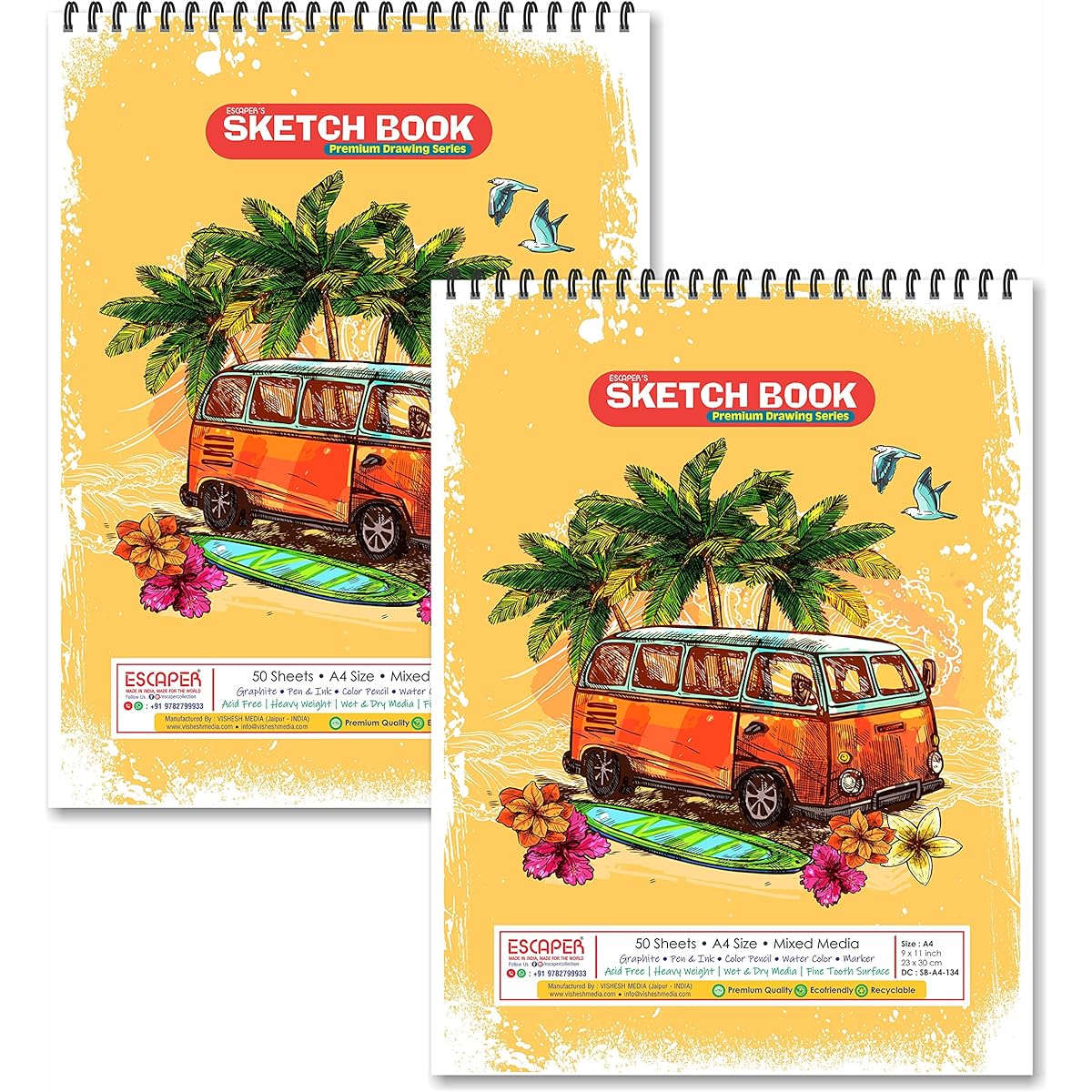 ESCAPER Surf Bus Theme Sketchbook A4 Size (50 Sheets - 2 Unit Pack) | Artist Sketch Pad | Artist Drawing Book | Painting Sketchbook A4 Size | Drawing Art Book