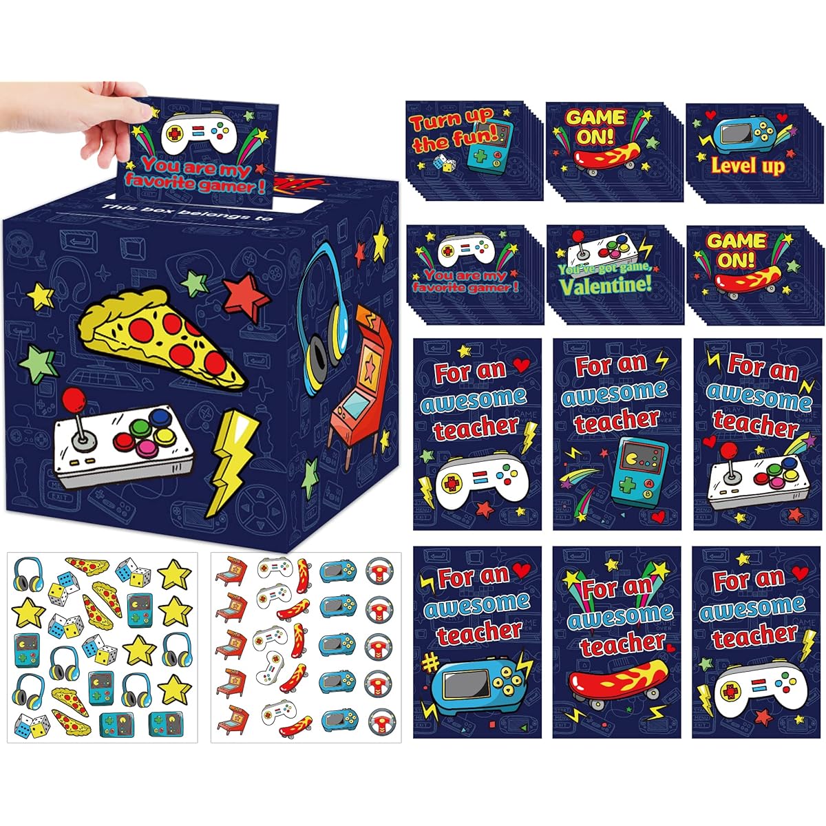 Valentine's Day Cards for Kids, Mailbox, Video Game Theme Valentine's Day Exchange Cards Box Set for Classroom, Boys, Girls, School, Lessons, Party Favors (1 Mailbox, 50 Valentine Cards, 50 Stickers)
