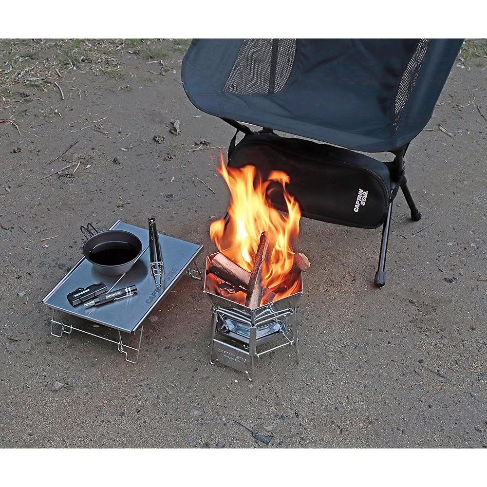 CAPTAIN STAG Bonfire Stand Barbecue Stove Grill 2 in 1 Hexa Stainless Steel Fire Grill Tabletop Grill S Size Stainless Steel Storage Bag Included UG-94